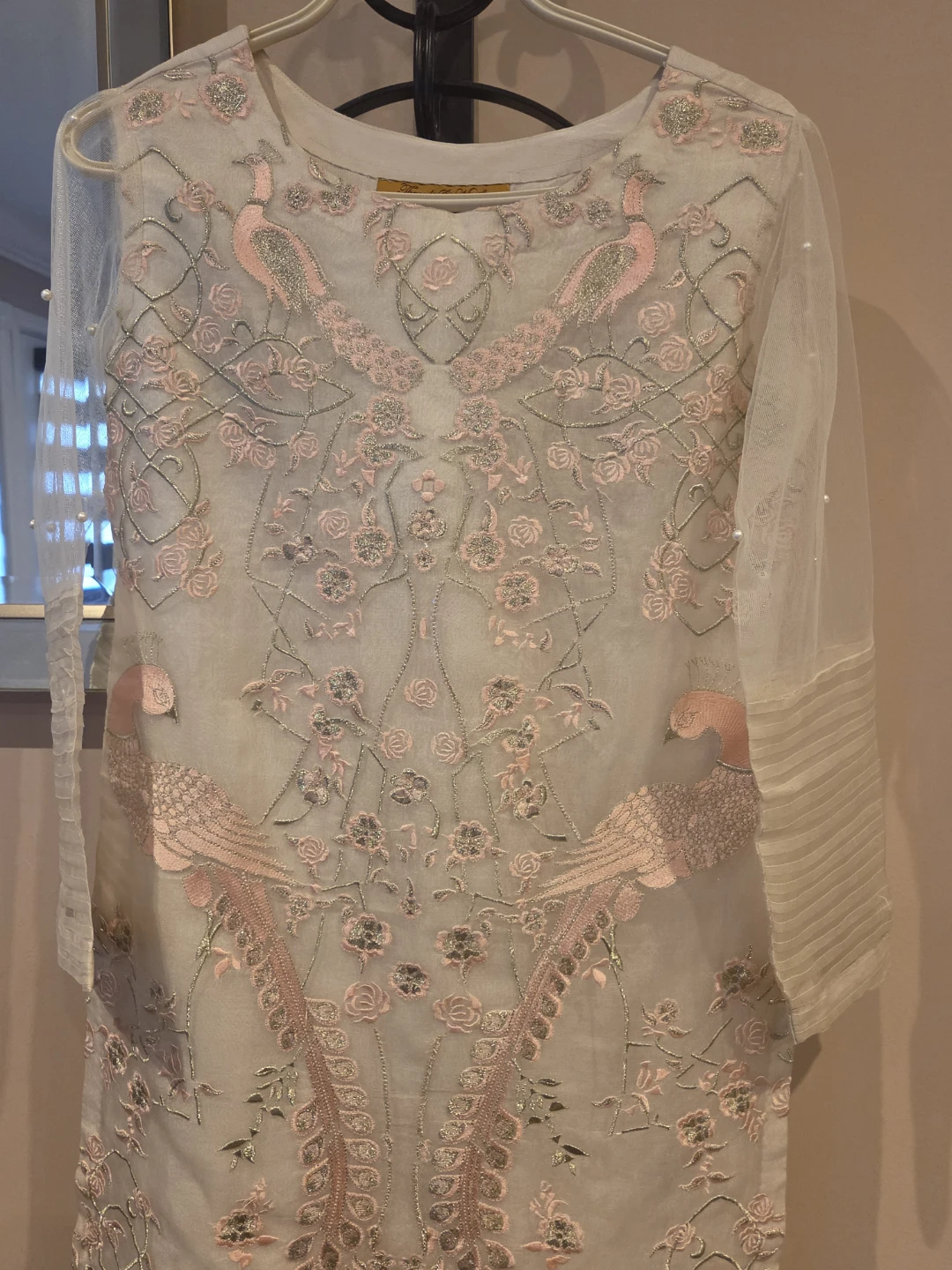 Embroidered White Kurti with Pink Peacocks - photo 3