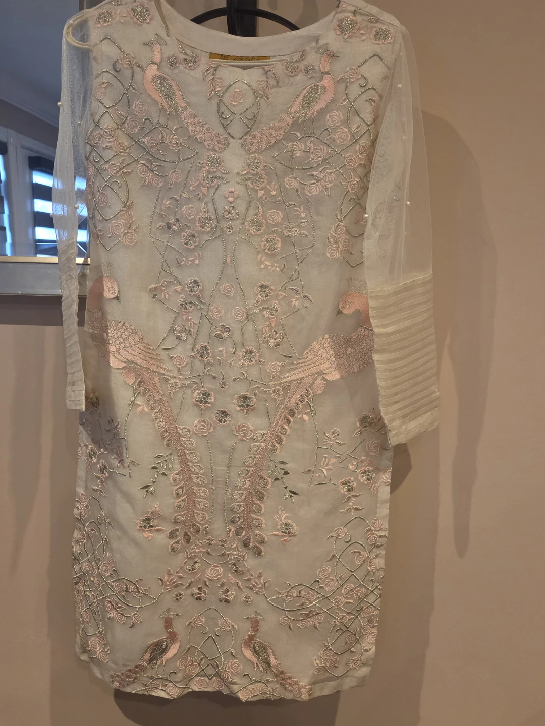 Embroidered White Kurti with Pink Peacocks - photo 4
