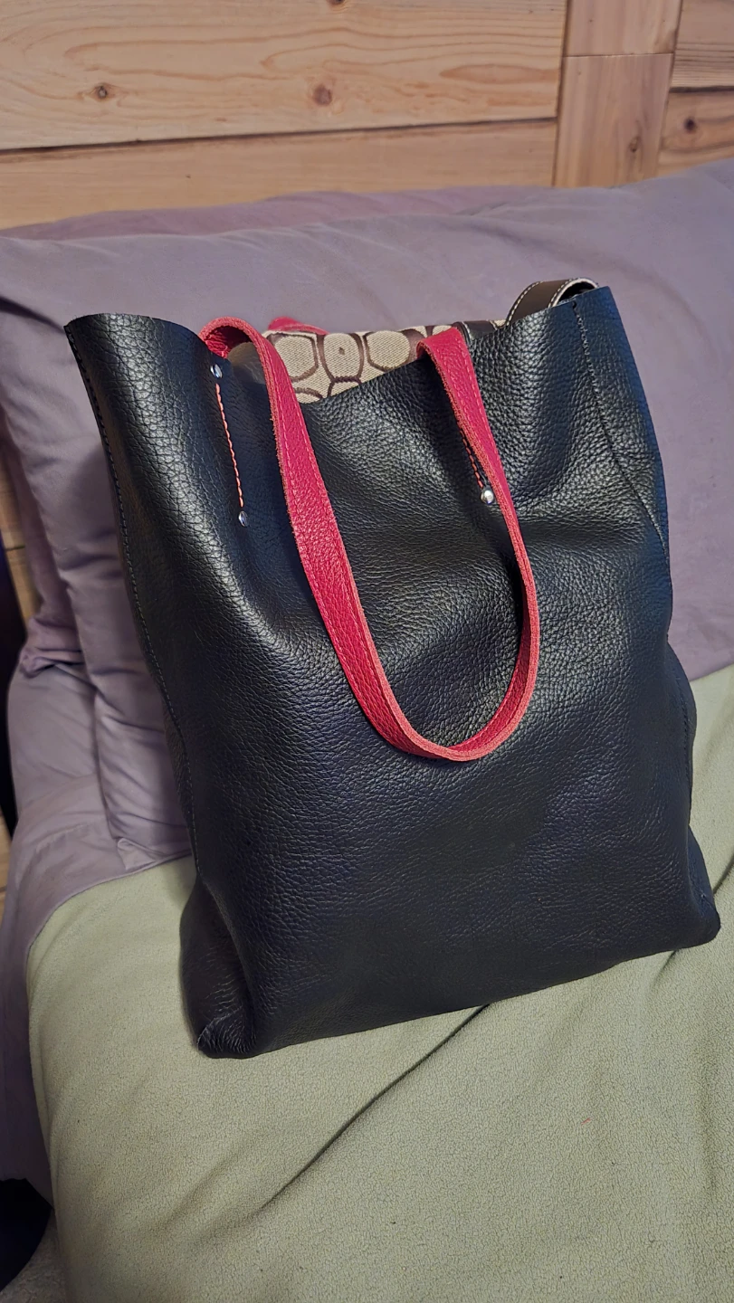 Black Leather Tote Bag with Red Straps