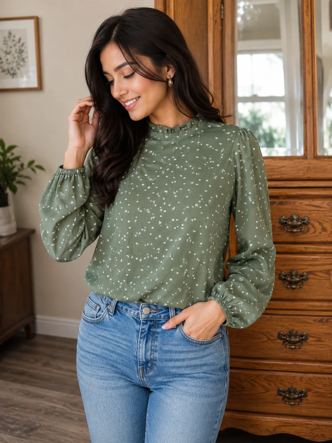 SHEIN Green Heart Print Long Sleeve Blouse - Size M