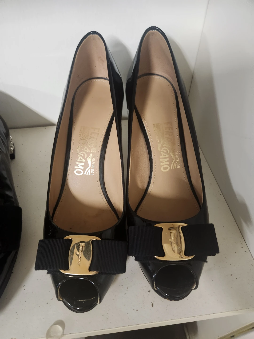 Salvatore Ferragamo Black Patent Leather Peep-Toe Heels