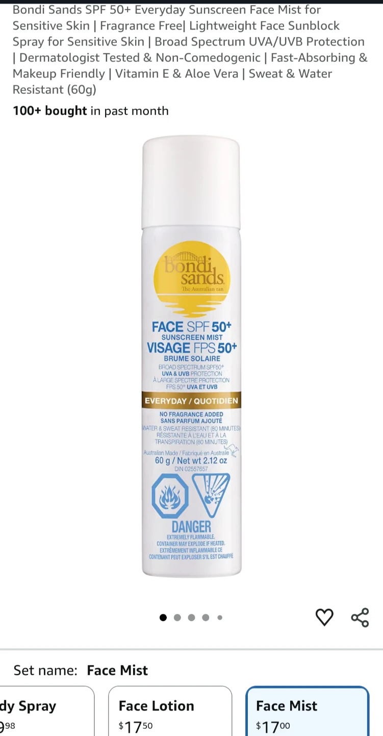 New! Bondi Sands SPF 50+ Everyday Sunscreen Face Mists (60g)