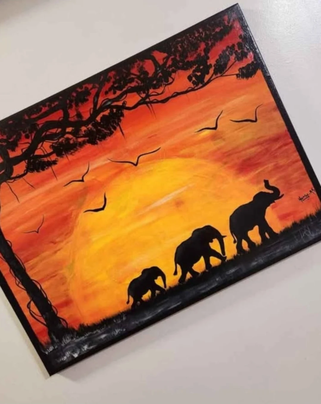 Handpainted African Sunset Elephant Scene 18in x 24in - photo 4