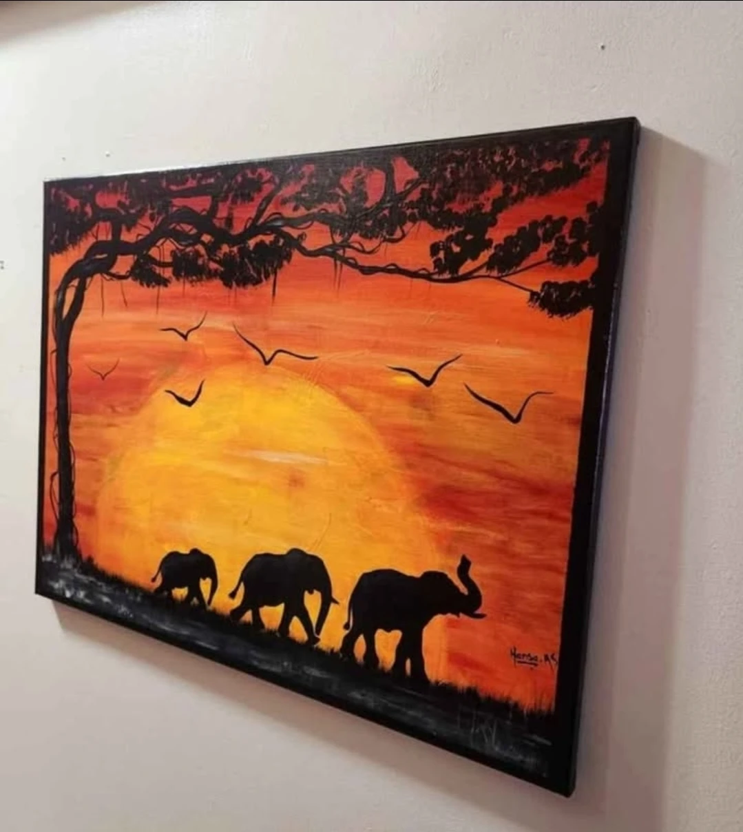 Handpainted African Sunset Elephant Scene 18in x 24in - photo 5