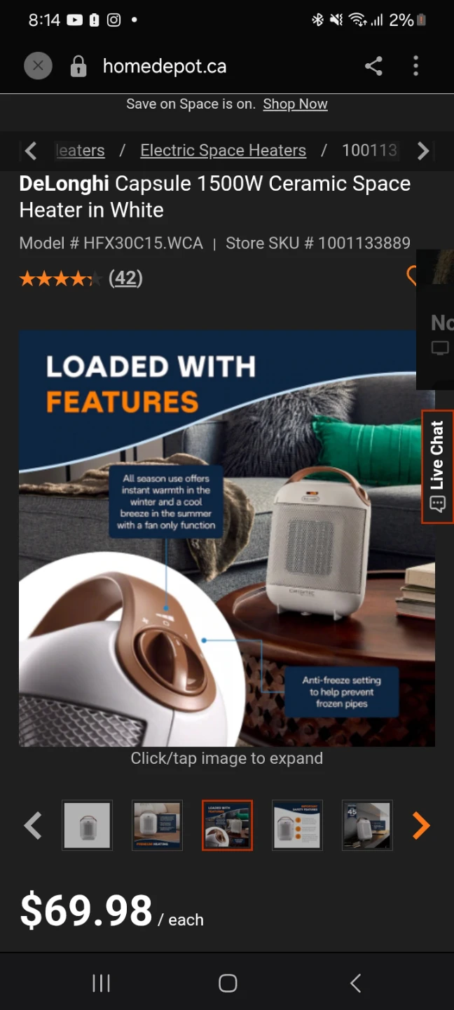 DeLonghi Capsule 1500W Ceramic Space Heater in White - photo 2