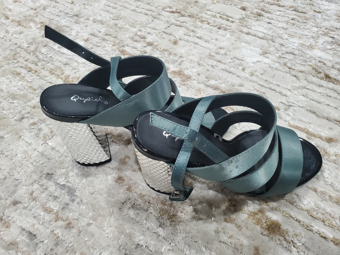Qupid Teal Strappy Heels with Silver Block Heel