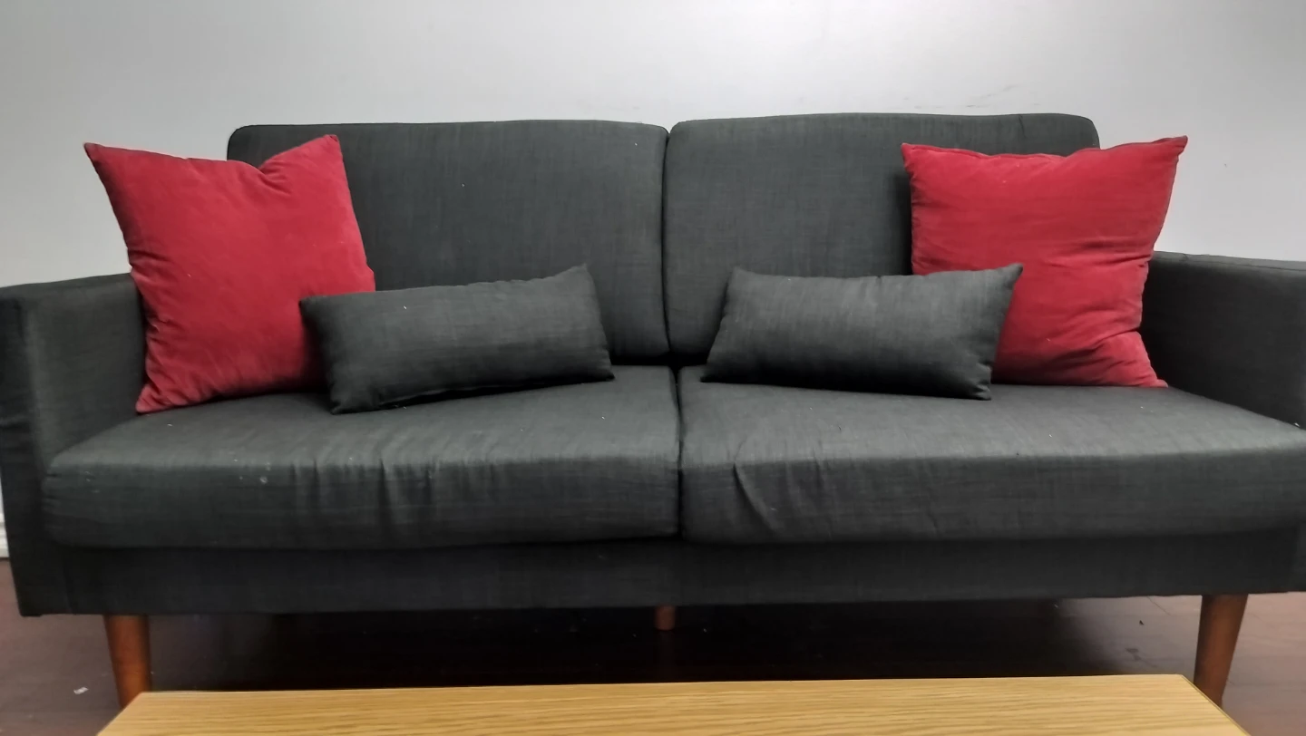 Grey Fabric Sofa with Red and Black Cushions - photo 2