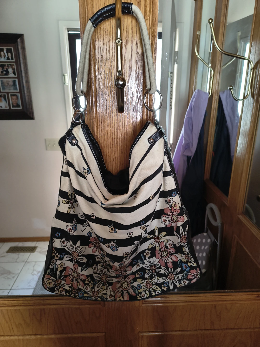 Striped floral hobo handbag