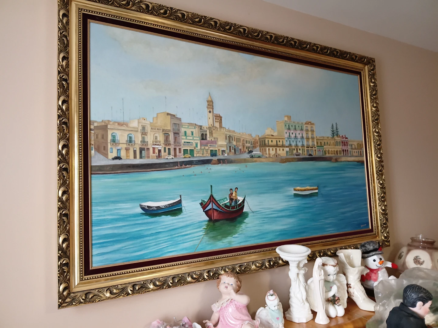 Framed Oil Painting of a Coastal Town Scene