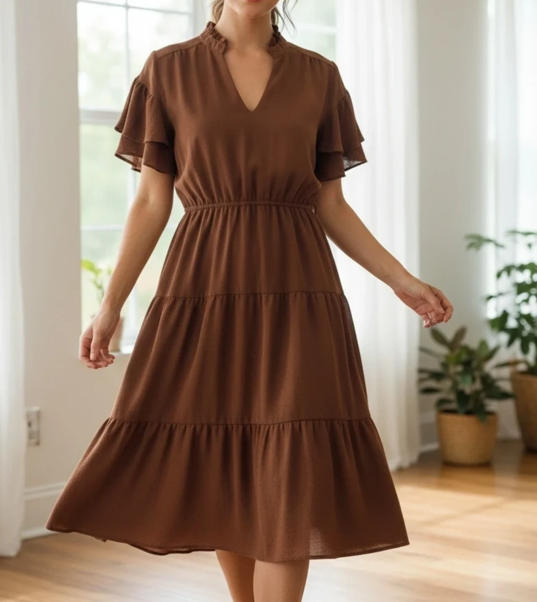 Brown tiered ruffle short sleeve dress - photo 5