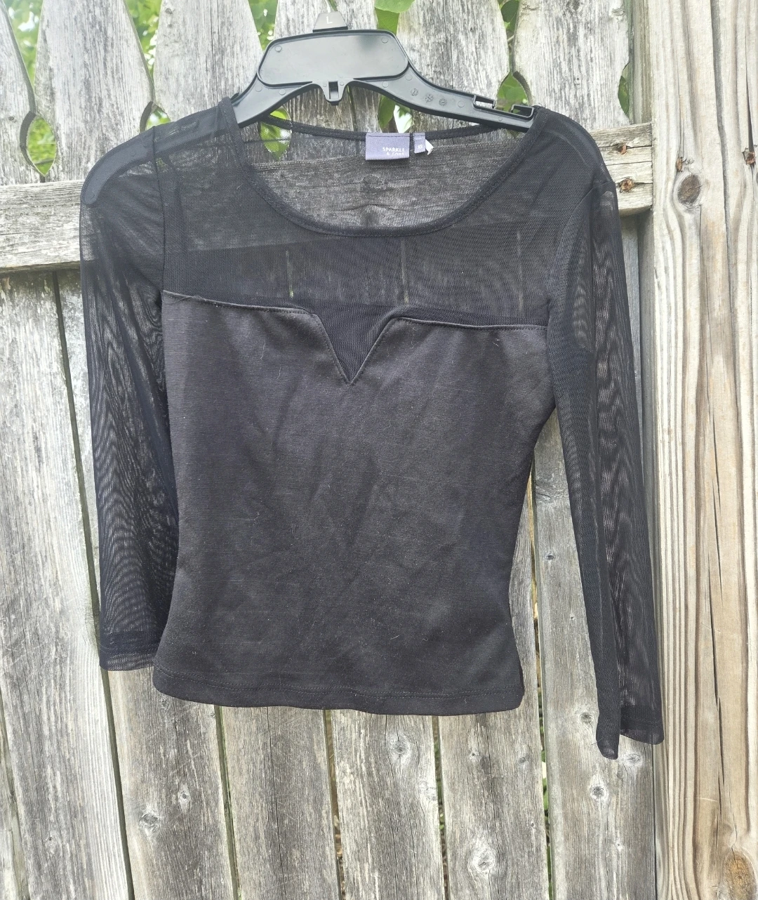 Sparkle & Fade Black Mesh Long Sleeve Top XS