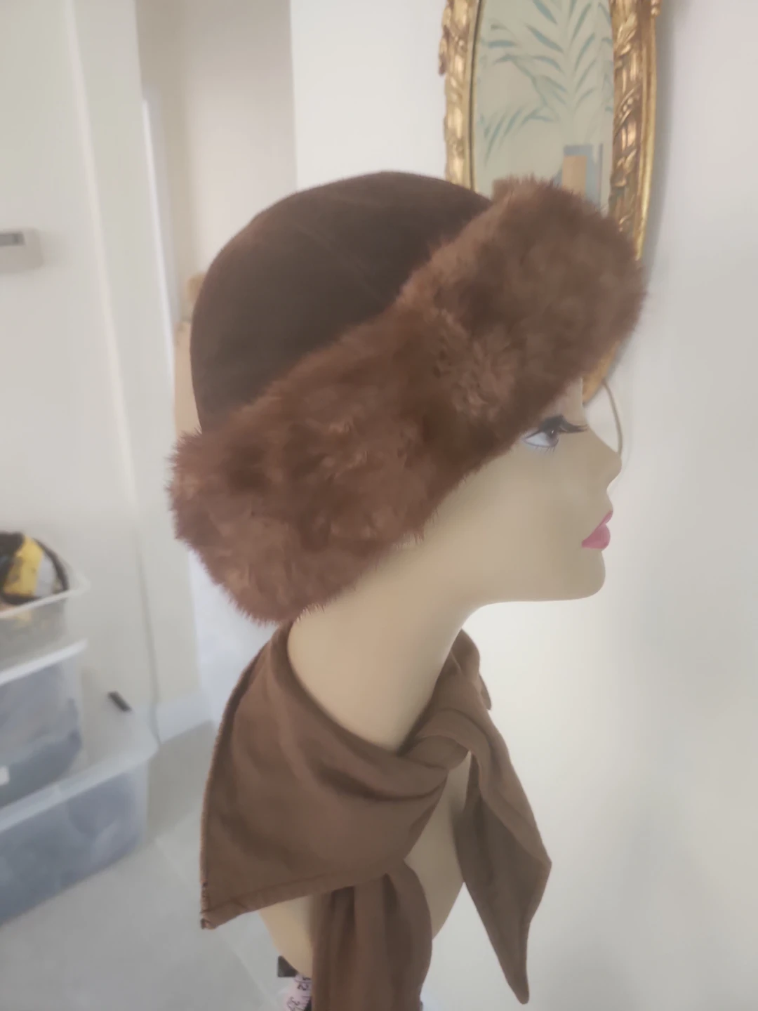 Vintage Brown and  Suede with mink fur trimmings hat