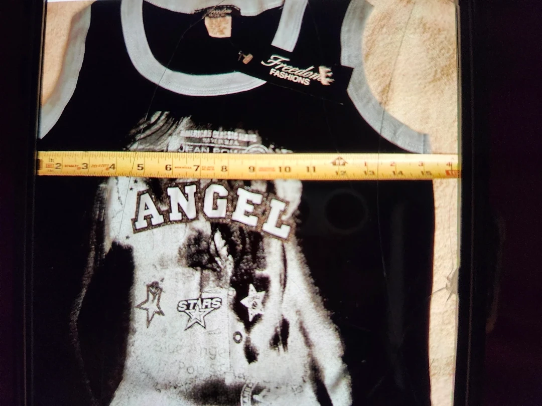 NEW ANGEL TOP TANK SHIRT, BLUE BLACK "JEAN POWER" 4 6 8