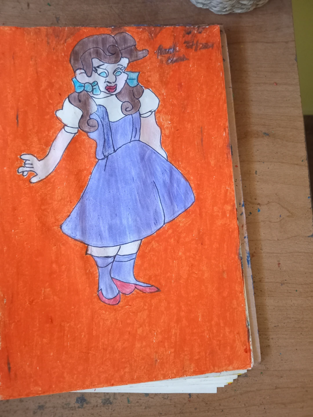 ORANGE BACKGROUND PURPLE DRESS GIRL DRAWING - photo 3