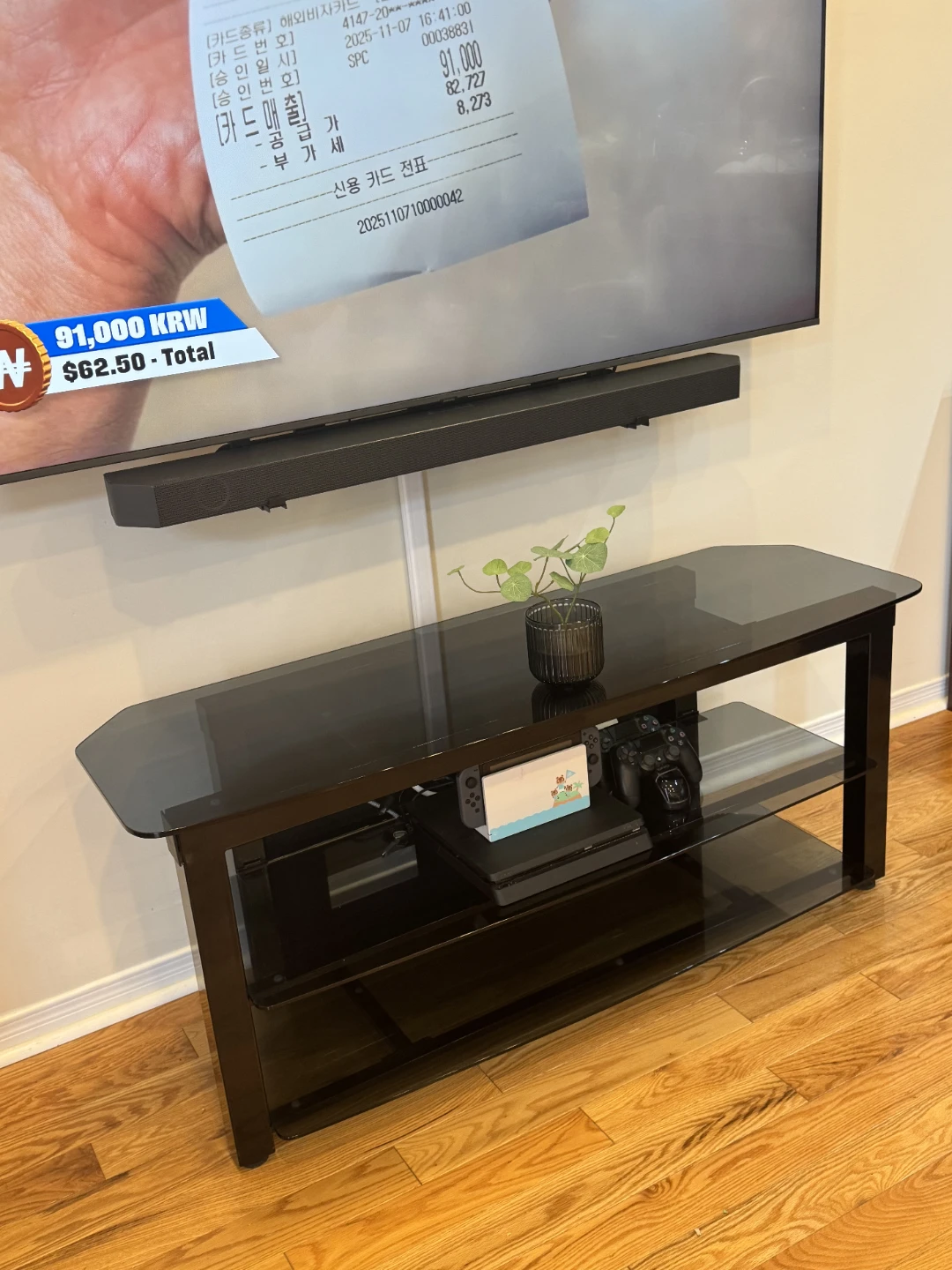 Glass TV Stand and Media Console with 3 shelves, Black