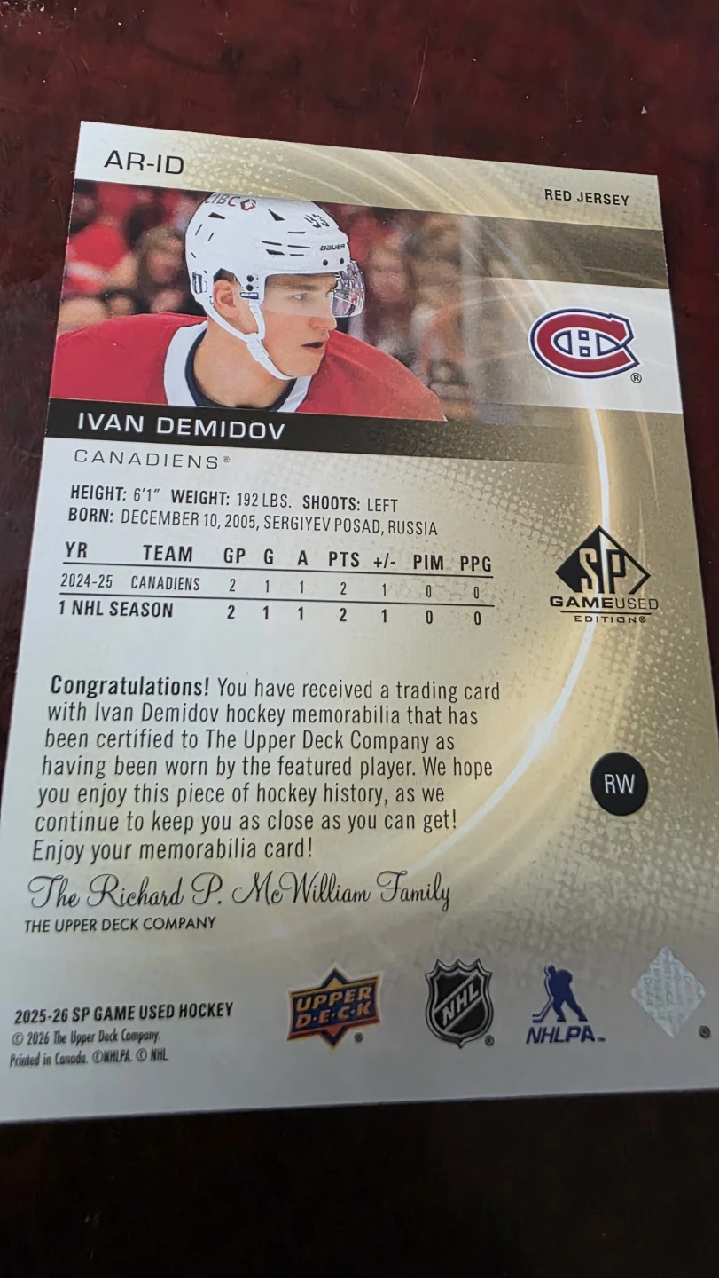 Upper Deck SP Game Used Ivan Demidov Trading Card - photo 2
