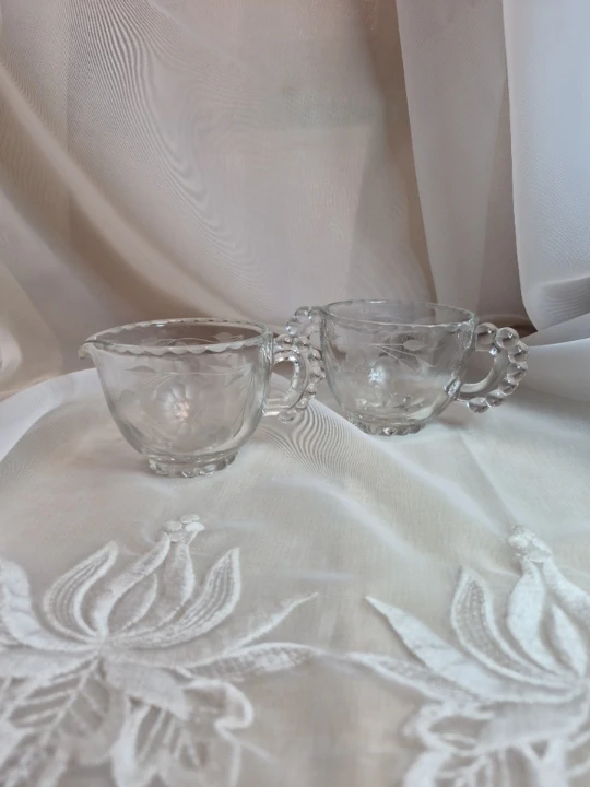 Vintage Imperial Glass Candlewick Etched Flowers Cream Sugar Set