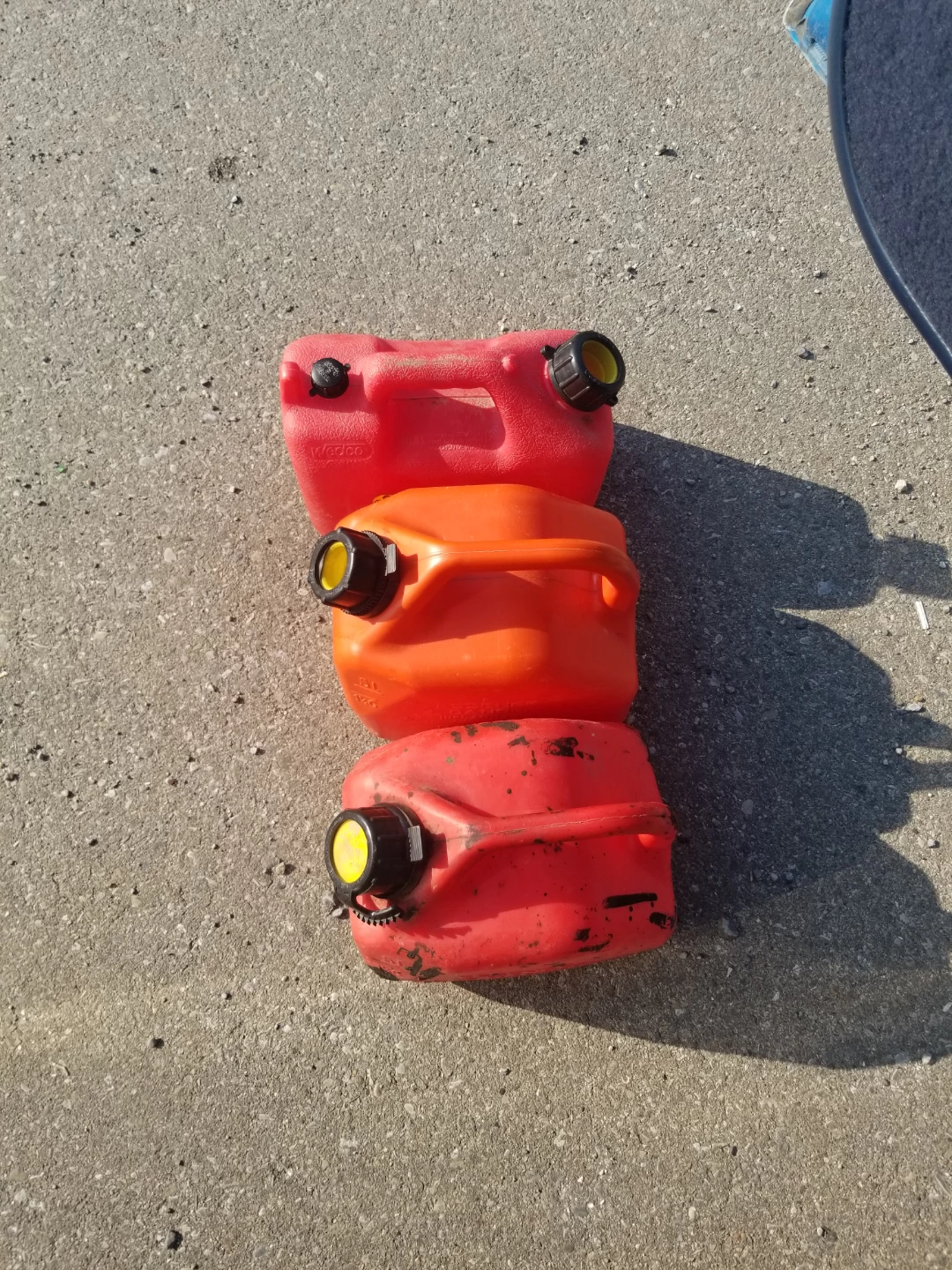 3 Gas Cans - 5L, 4.7L, and 1.25 US Gal