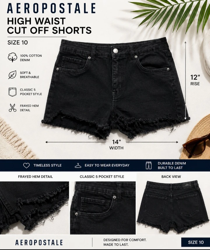 Aeropostale High Waist Cut Off Denim Shorts Size 10 Black