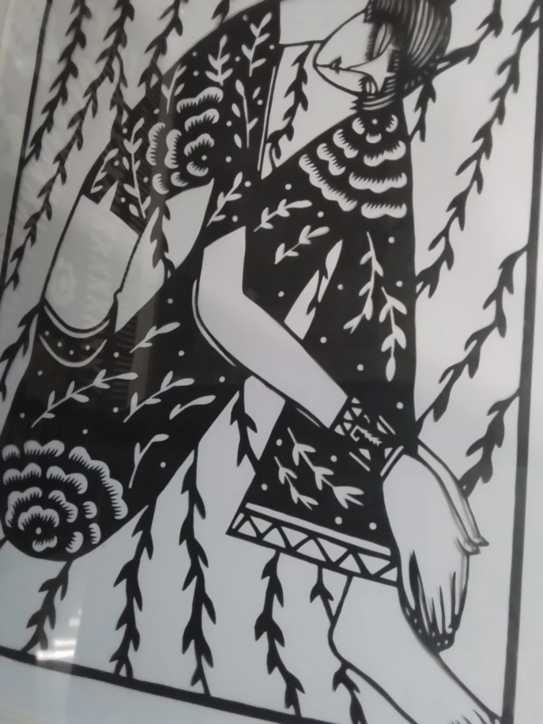 Framed Chinese Linocut Art Print "Willow Wind" by Liu Zhongfeng - photo 3