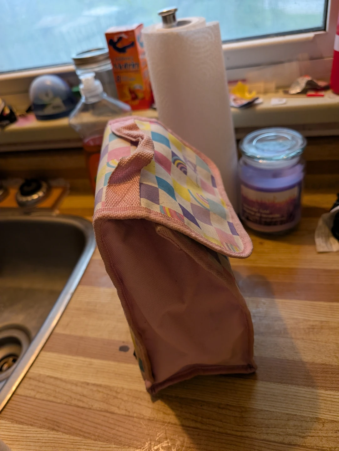 Insulated Lunch Bag - Pink Plaid with Rainbows