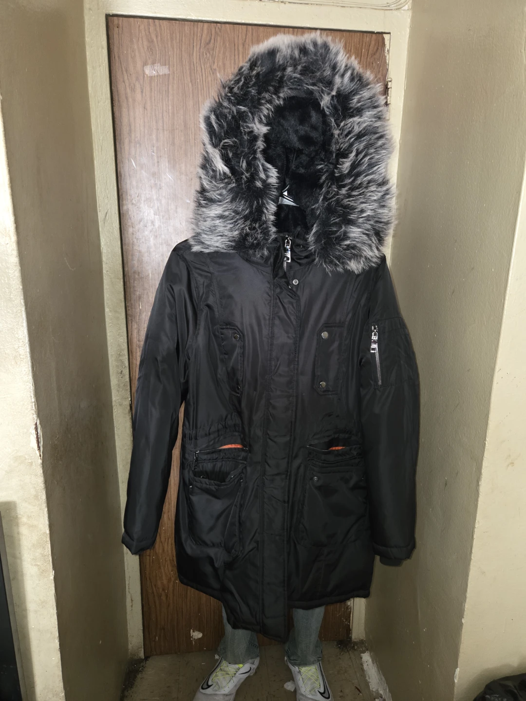 Black Parka Jacket with Fur Hood