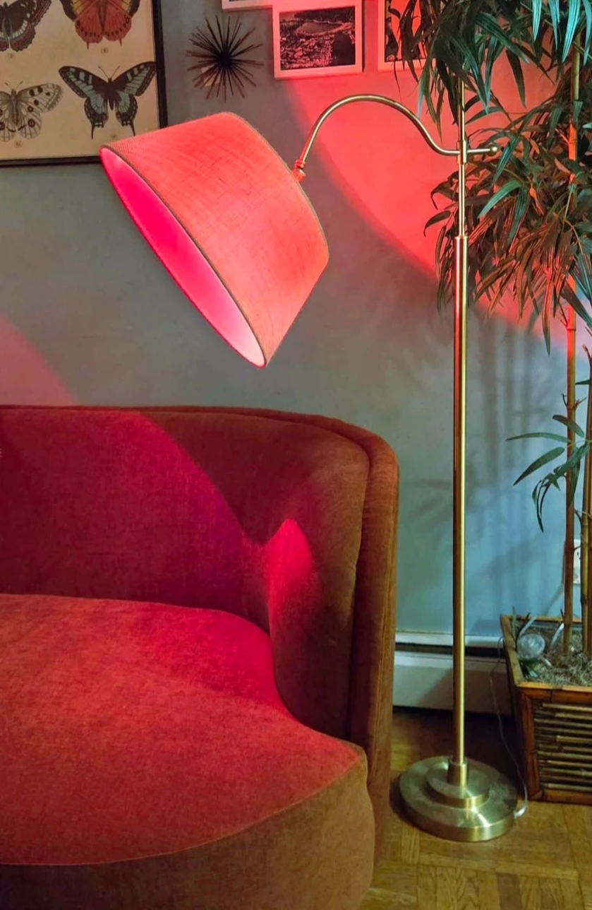 MCM Gold Arched Floor Lamp With Linen Shade (Delivery Available - photo 2