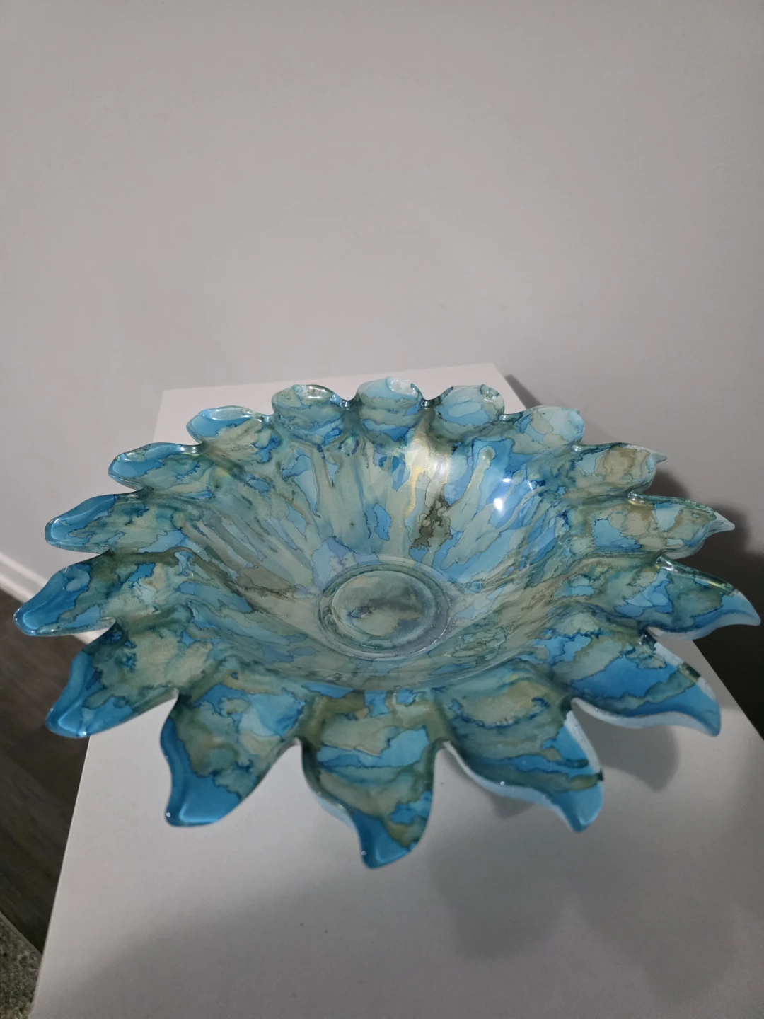 Blue Marbled Glass Flower Bowl - photo 3