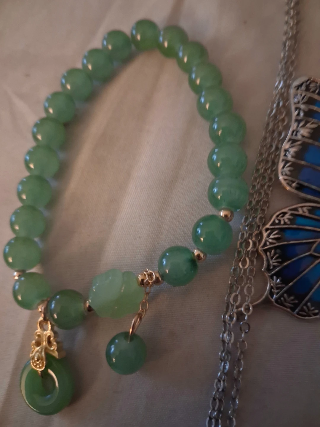 Silver-tone Butterfly Pendant Necklace & Jade Bracelet Set - photo 4