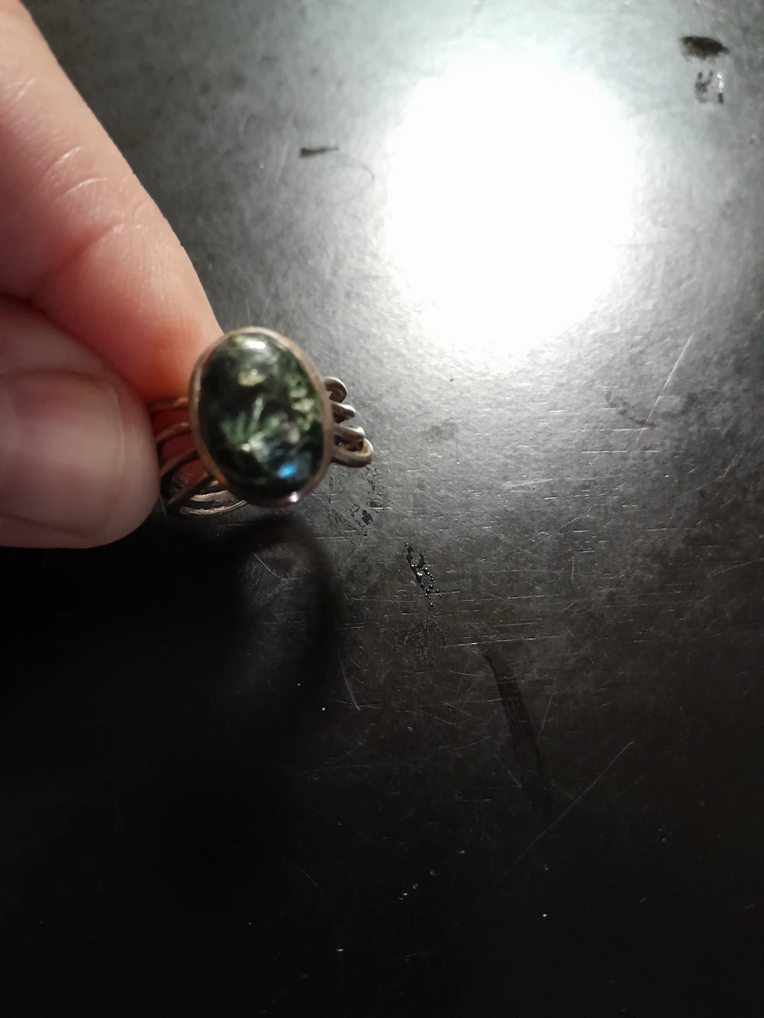 Silver Tone Ring with Green Stone