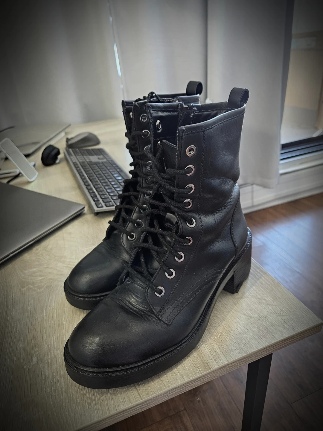 Black Leather Lace-Up Combat Boots
