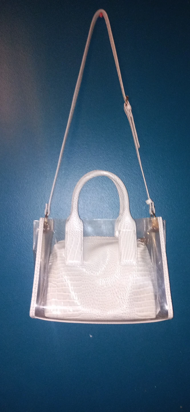 Zara White Crocodile-Embossed Handbag with Clear Totes
