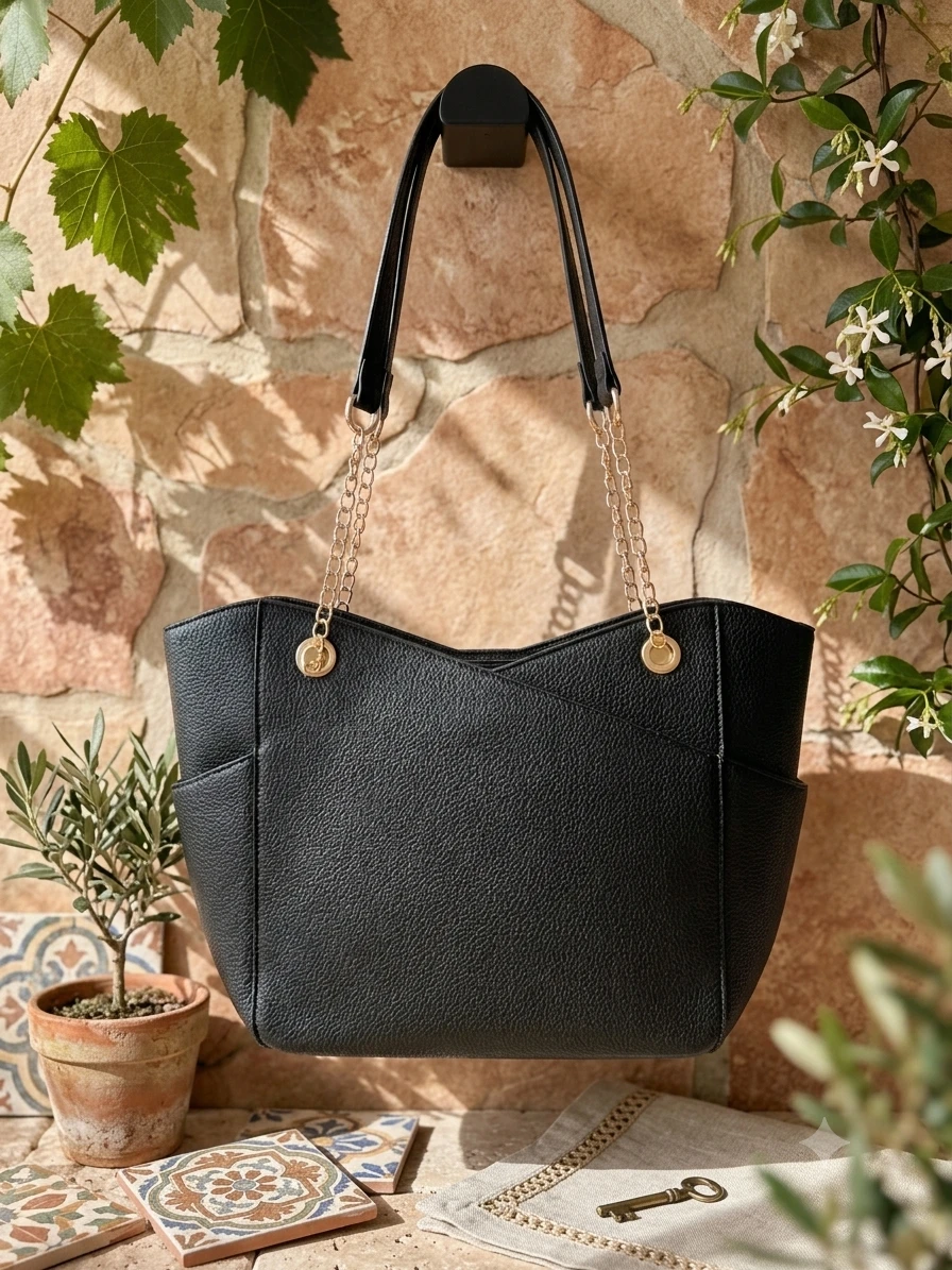 Black Textured Tote Bag with Chain Detail - photo 2