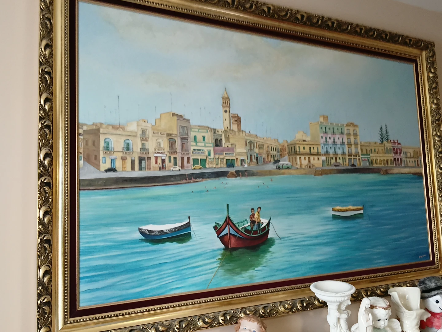 Framed Oil Painting of a Coastal Town Scene - photo 2
