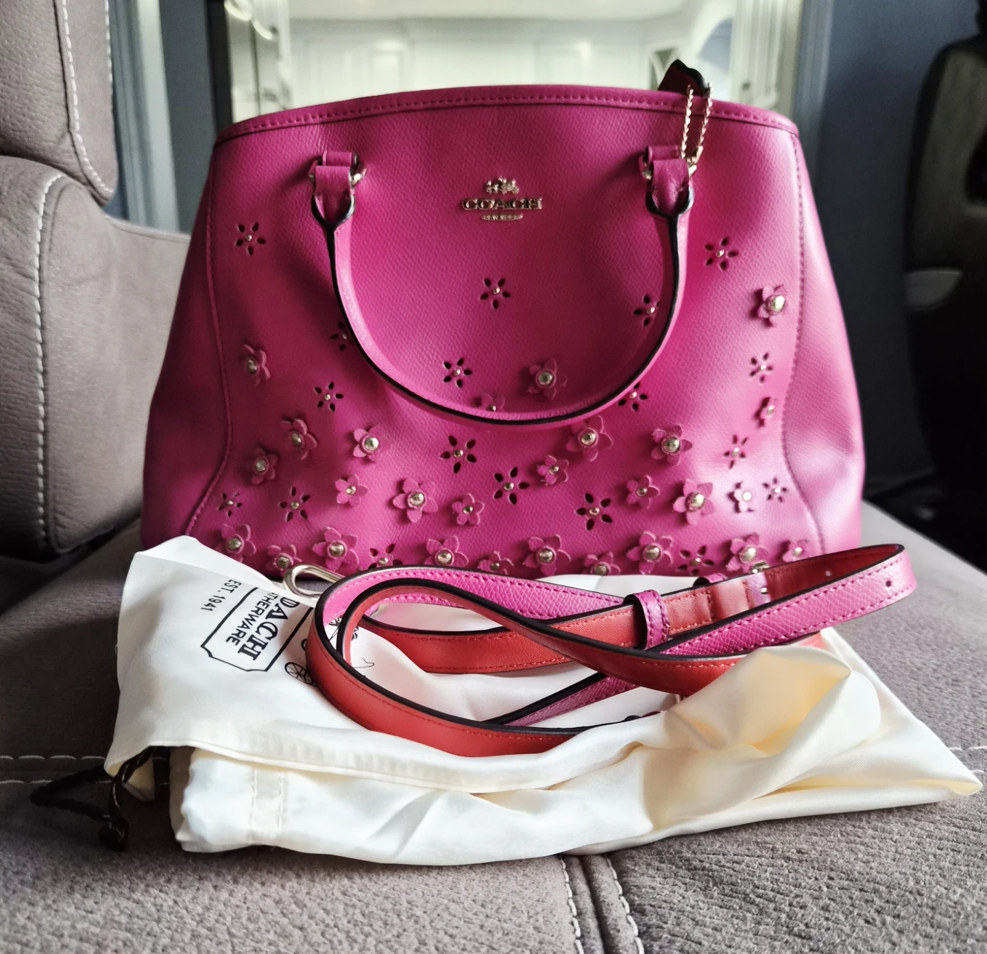 Coach Pink Floral Leather Satchel Handbag