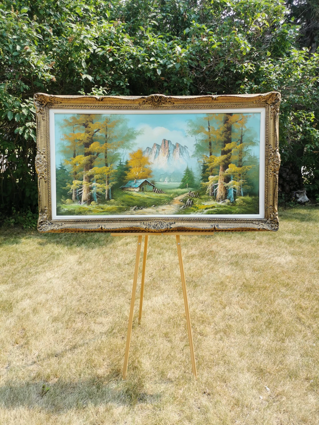 Vintage Large Mountain Landscape Oil Painting Ornate Gilt Frame