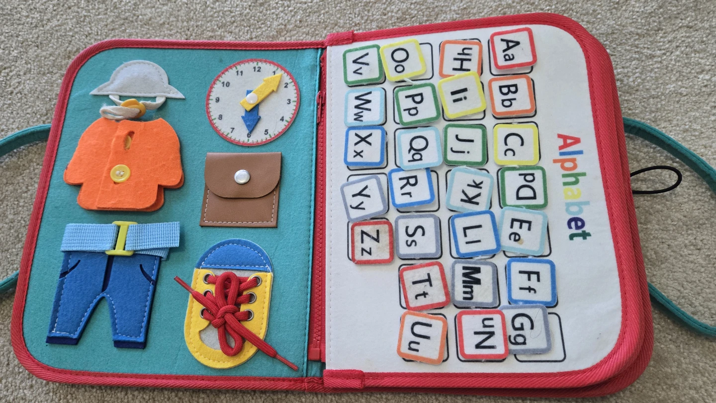 3 sets of toys : Busy Activity Book, animal figures, shape game