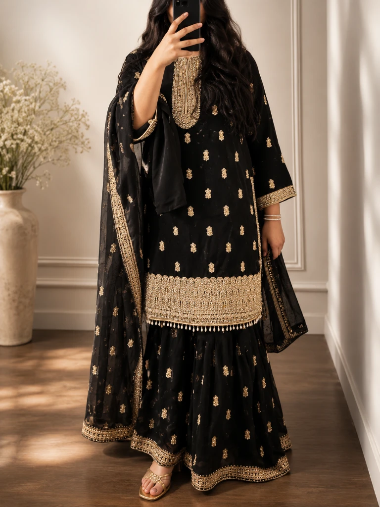 Black Embroidered Gharara Suit