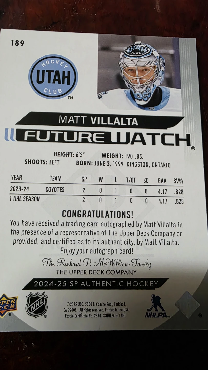 Matt Villalta 2023-24 Utah Coyotes Autographed Hockey Card - photo 2