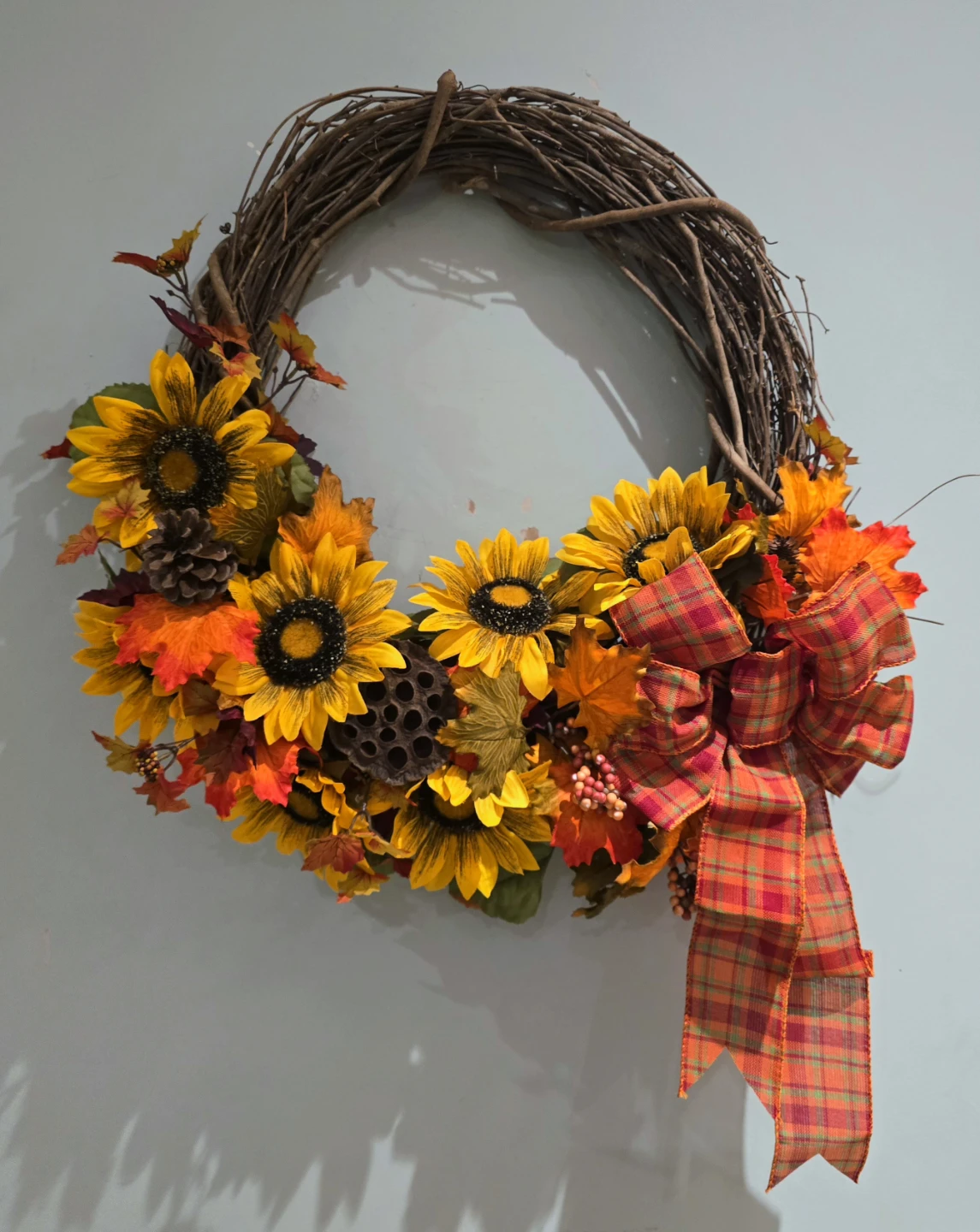 Fall Sunflower Wreath with Plaid Bow