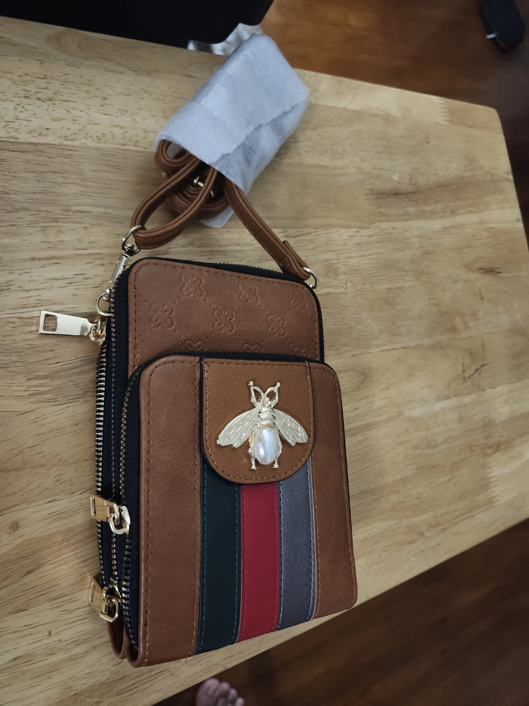 Brown Crossbody Phone Bag with Bee Accent - photo 3