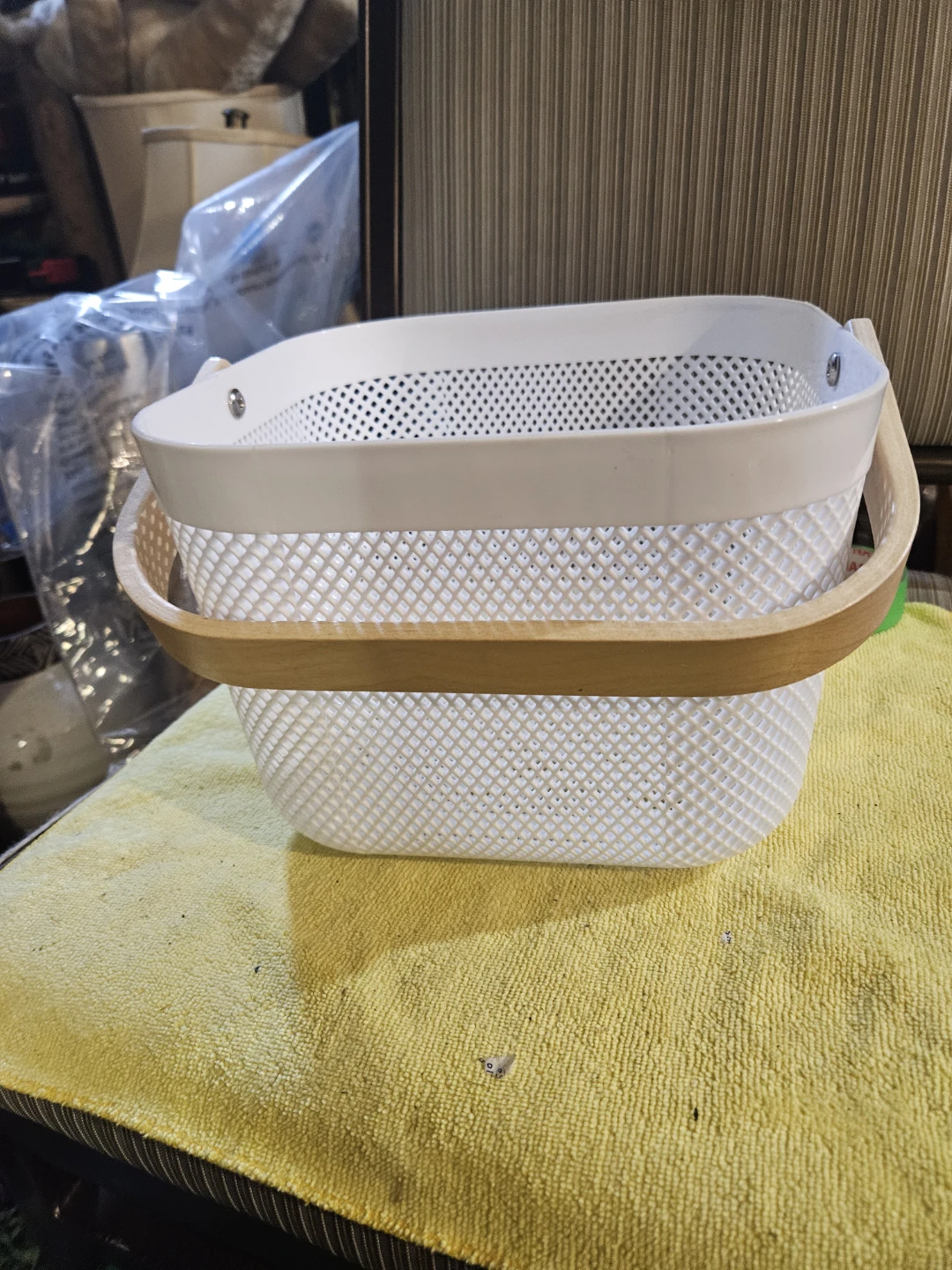 Set of 2 White Perforated Storage Baskets with Wood Handles - photo 2