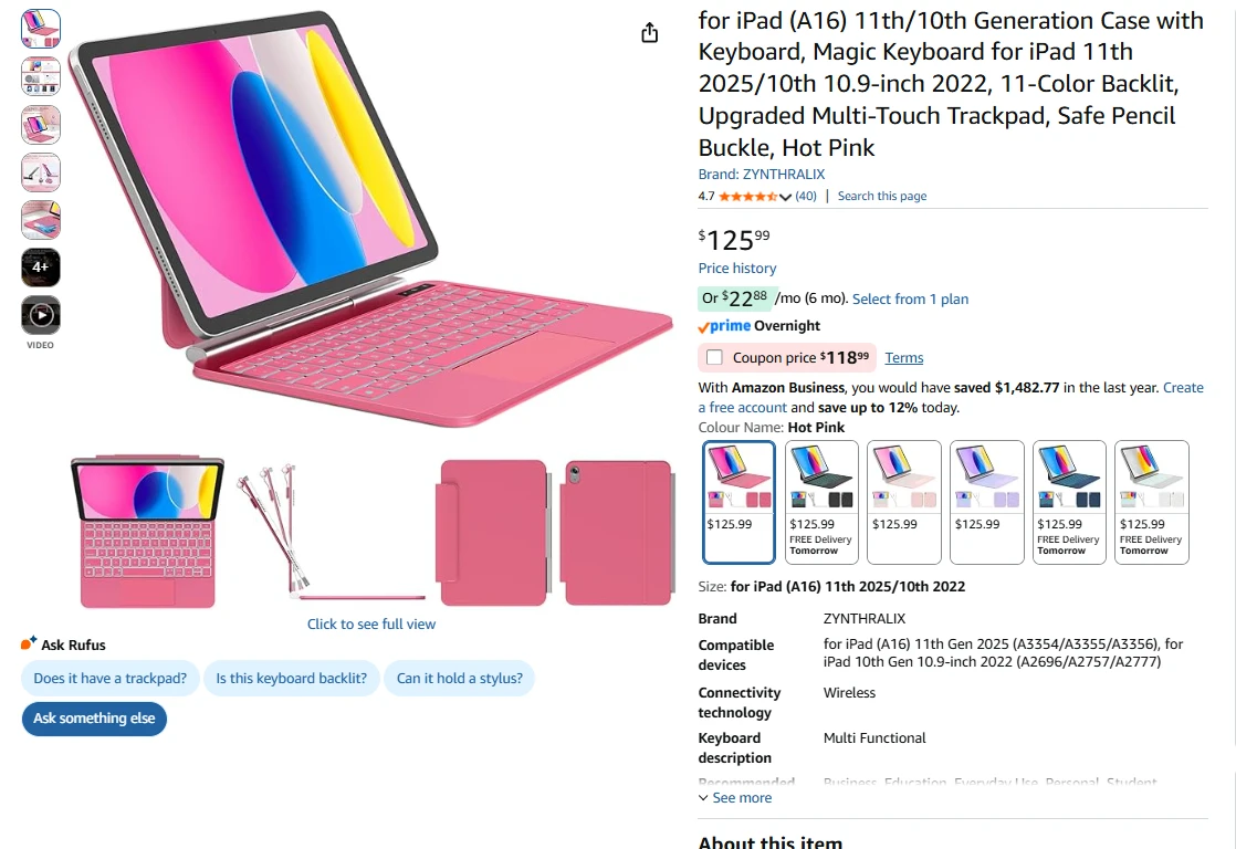 Keyboard Case for iPad (A16) 11th/10th Gen - Hot Pink - photo 2