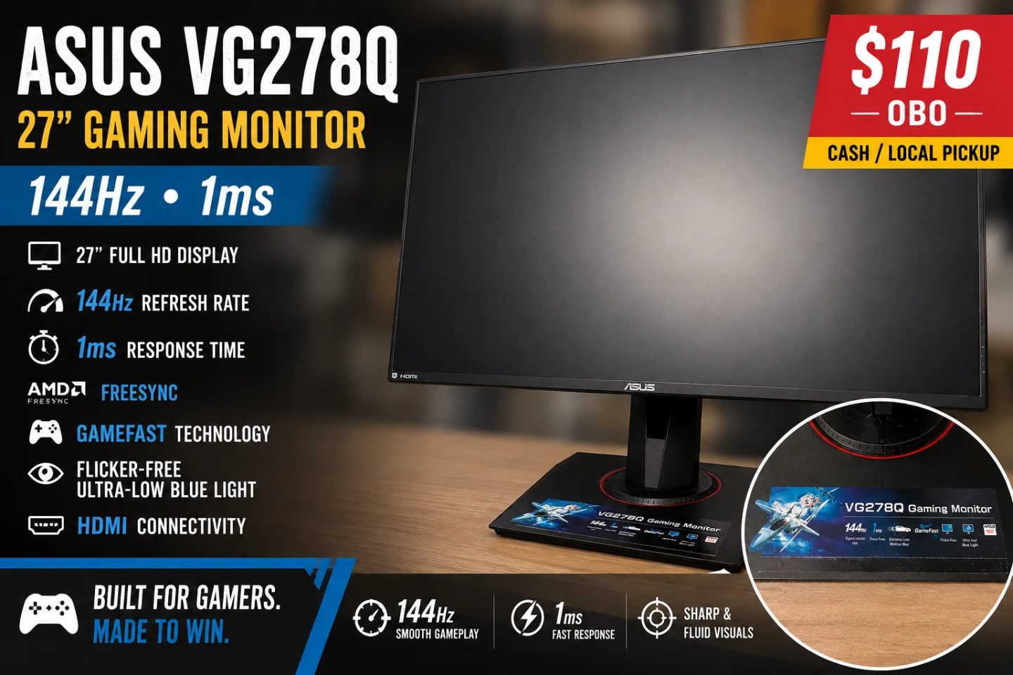 🎮 ASUS VG278Q 27" Gaming Monitor — 144Hz / 1ms - photo 2