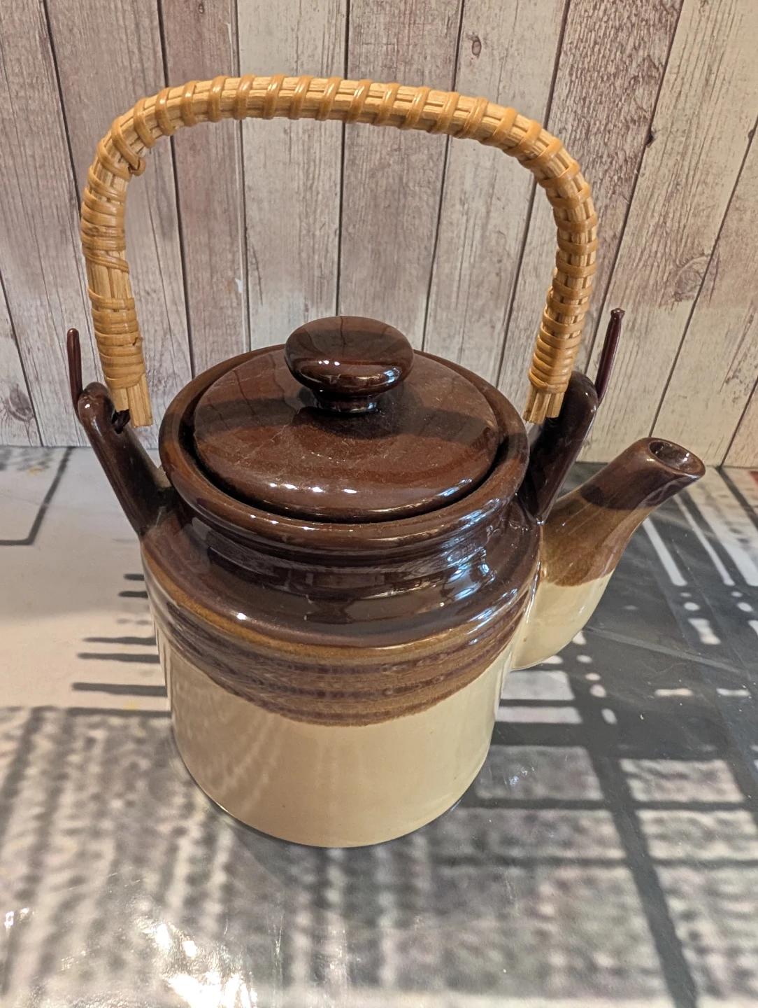 Vintage 1970s Stoneware Teapot with Woven Rattan Handle - photo 2