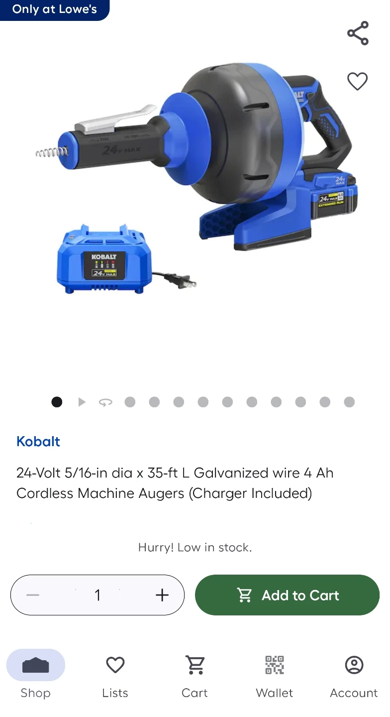 Kobalt 24-Volt 5/16-in dia x 35-ft L Cordless Machine Auger