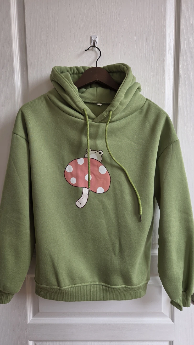 Green Hoodie with Frog and Mushroom Graphic