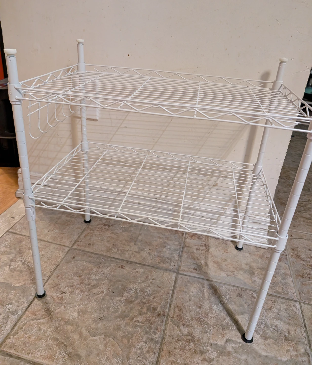White 2-Tier Wire Shelving Unit with hooks