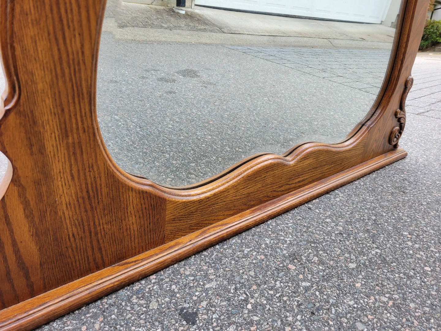 Vintage Solid Oak Framed Mirror – Beveled Glass & Carved Accents - photo 5