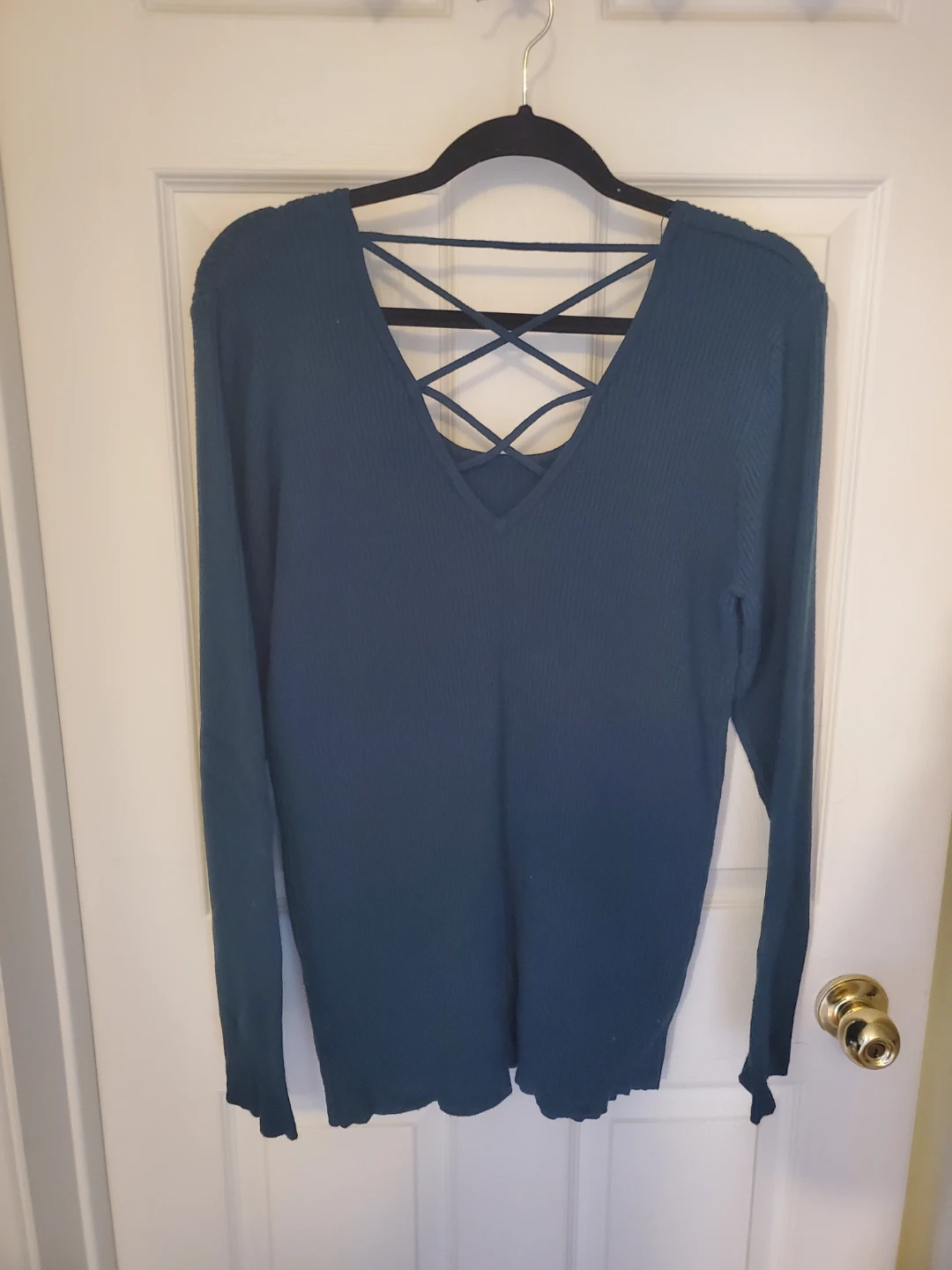 Plus Size Teal Ribbed Long Sleeve Top with Lattice Detail - photo 2